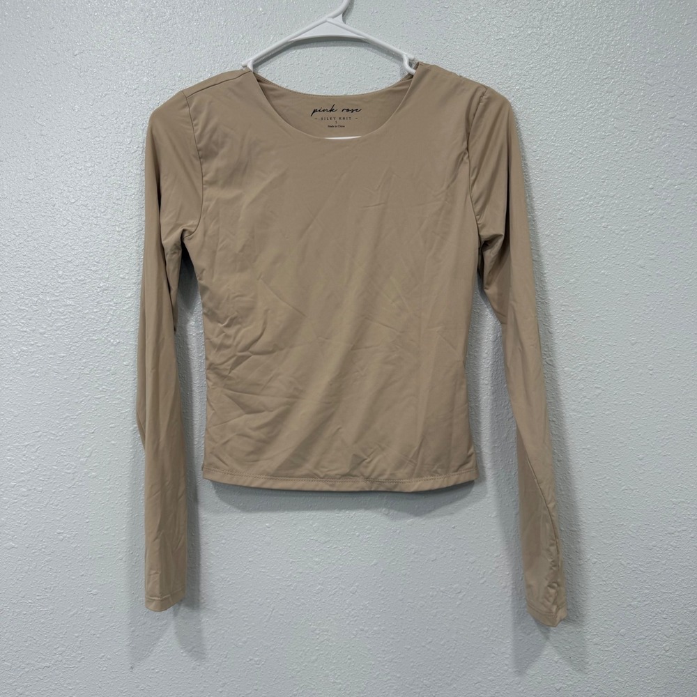 Pink Rose Silky Knit Long Sleeve Top Tan Beige Neutral Small 5T02473